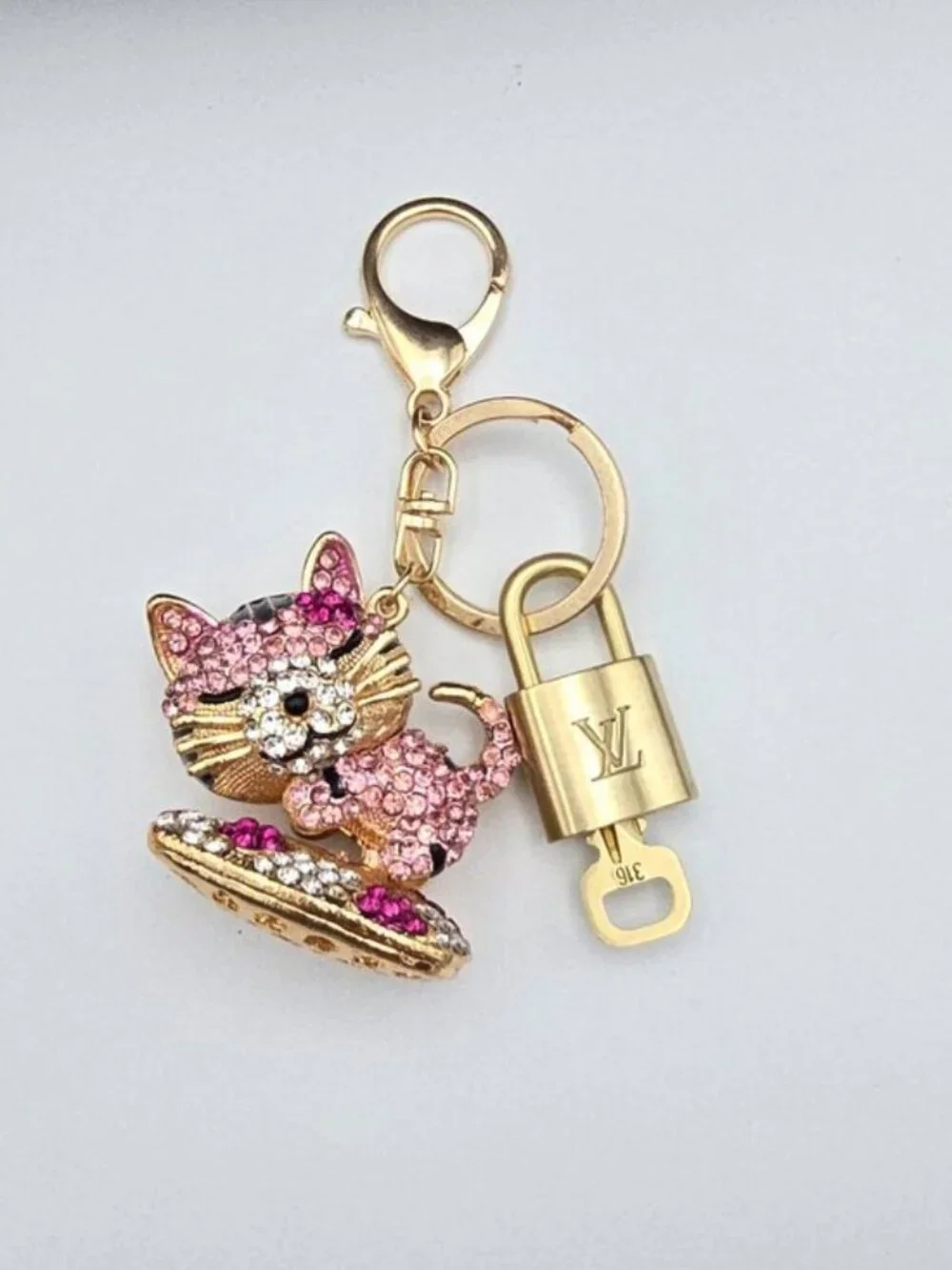 Louis Vuitton Gold Padlock Key 🔒 Authentic LV Charm + Unbranded Cat Keychain